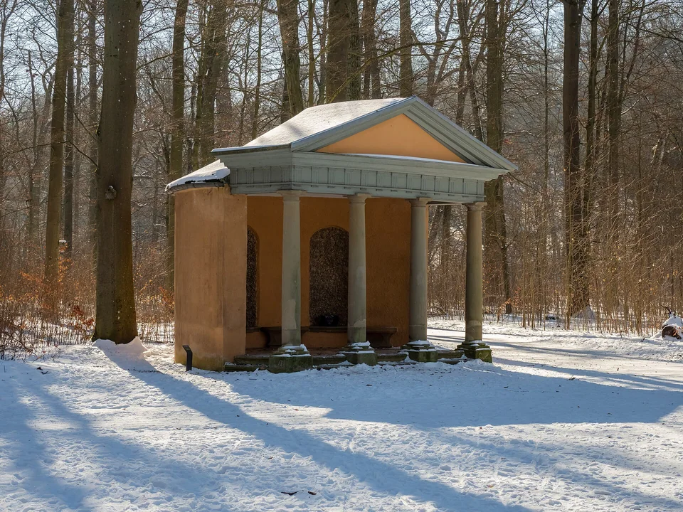 Wintersonne im Hain – Ein Pavillon zwischen kahlen Bäumen und schneebedeckten Wegen.